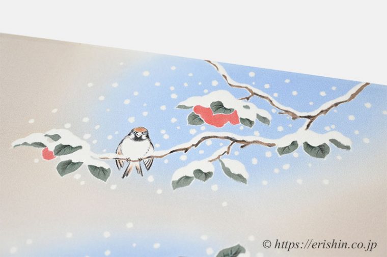 着物・呉服えり新オリジナル染名古屋帯（寒中椿に雀）