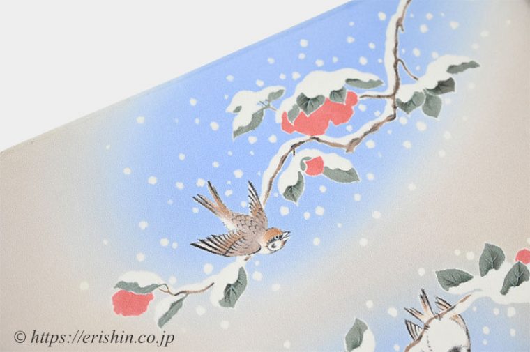 着物・呉服えり新オリジナル染名古屋帯（寒中椿に雀）