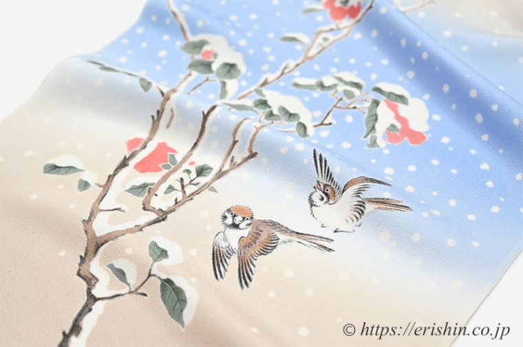 着物・呉服えり新オリジナル染名古屋帯（寒中椿に雀）