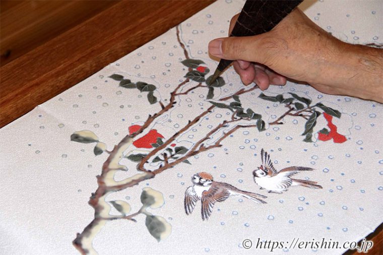 着物・呉服えり新オリジナル染名古屋帯（寒中椿に雀）