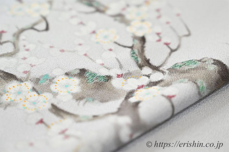 呉服えり新オリジナル染名古屋帯（若冲梅花晧月図写し/相思鼠色）