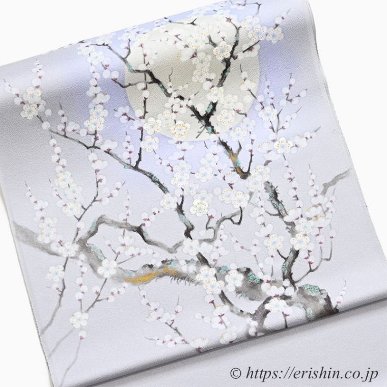 呉服えり新オリジナル染名古屋帯（若冲梅花晧月図写し/相思鼠色）