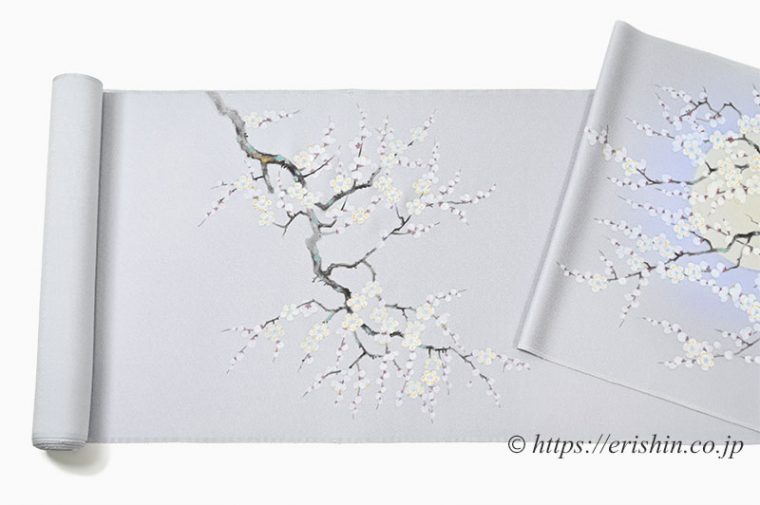 呉服えり新オリジナル染名古屋帯（若冲梅花晧月図写し/相思鼠色）