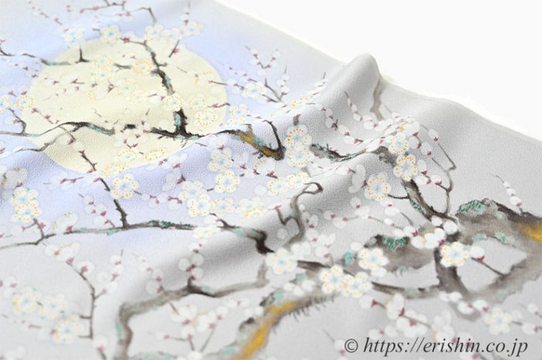 呉服えり新オリジナル染名古屋帯（若冲梅花晧月図写し/相思鼠色）