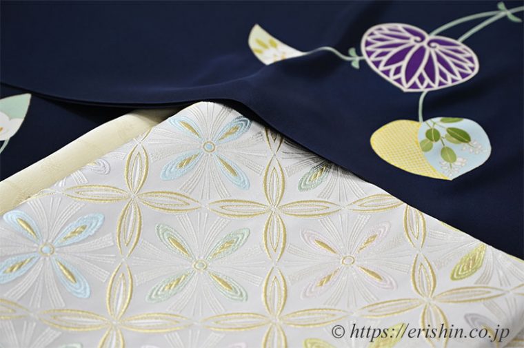 付下（葵/濃紺地）に袋帯（七宝花菱文）のコーディネート