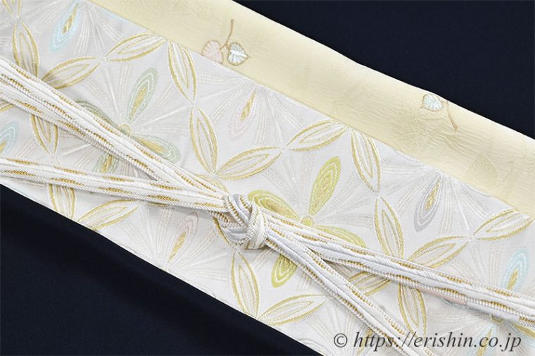 付下（葵/濃紺地）に袋帯（七宝花菱文）と礼装帯締めのコーディネート