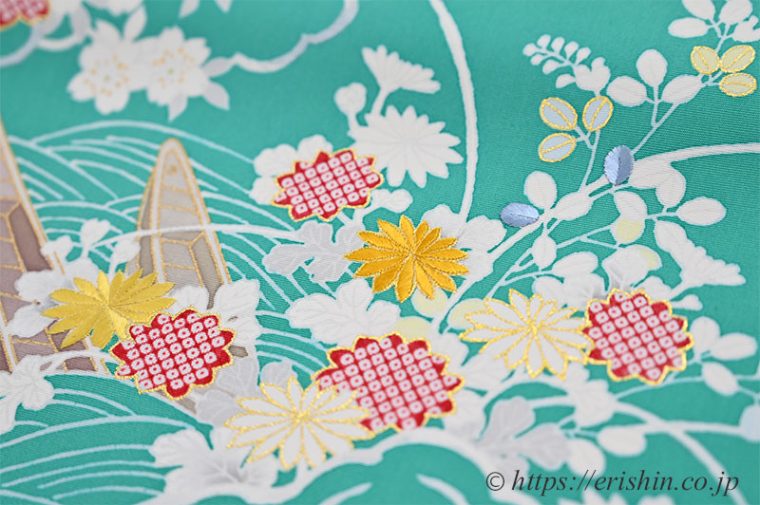 えり新オリジナル染名古屋帯（御所解き/塩瀬・花緑青）