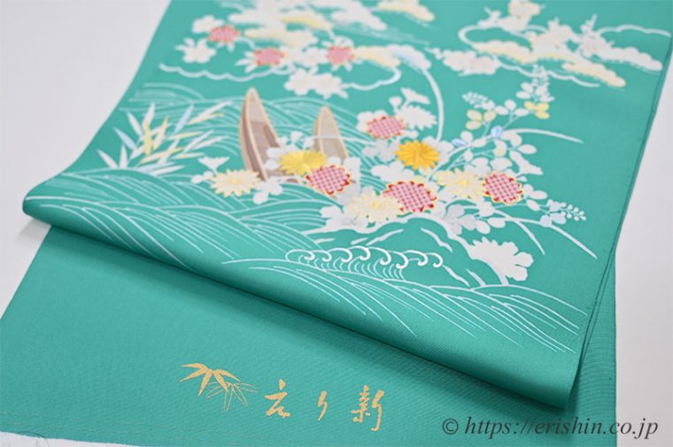 えり新オリジナル染名古屋帯（御所解き/塩瀬・花緑青）