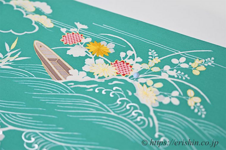 えり新オリジナル染名古屋帯（御所解き/塩瀬・花緑青）の前（腹）の柄。