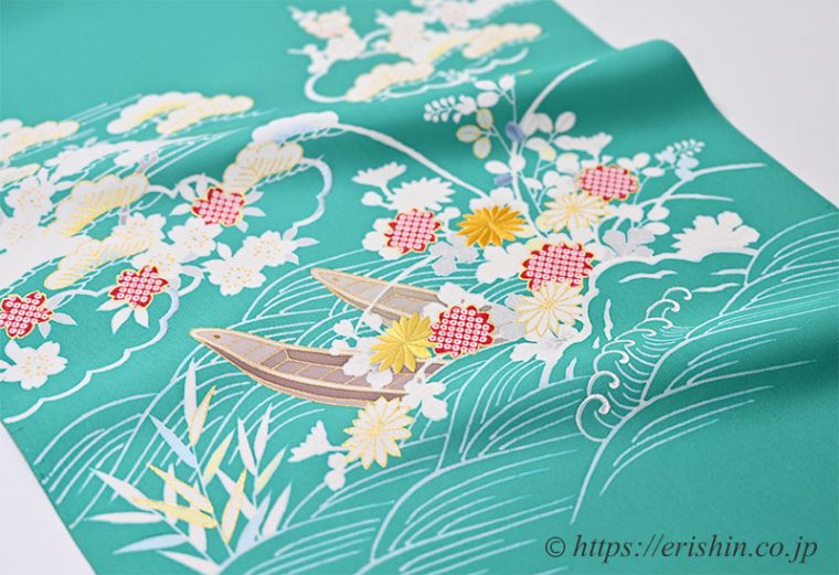 えり新オリジナル染名古屋帯（御所解き/塩瀬・花緑青）