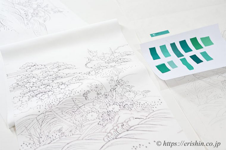 えり新オリジナル染名古屋帯（御所解き/塩瀬・花緑青）の下絵。