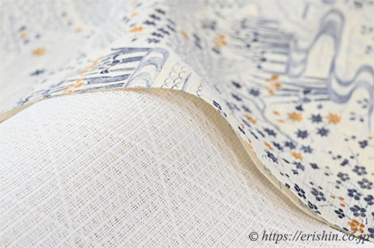 夏付下小紋（茶屋辻小袖/藍に鼈甲色・波筬絽生紬）に北村武資 羅八寸名古屋帯（上品羅/オフホワイト）のコーディネート