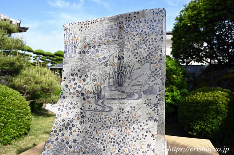 夏付下小紋（茶屋辻小袖/藍に鼈甲色・波筬絽生紬）