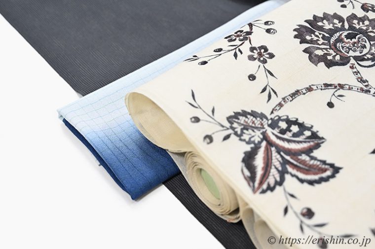 明石縮（よろけ小格子無地/墨黒）に染名古屋帯（大花更紗/生紬）