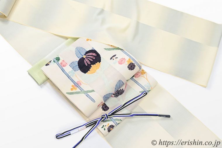 明石縮（市松崩し/象牙色）に染名古屋帯（立付菊橘垣に菊/生紬）