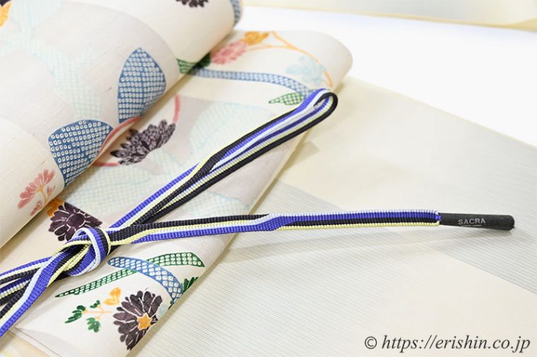 明石縮（市松崩し/象牙色）に染名古屋帯（立付菊橘垣に菊/生紬）