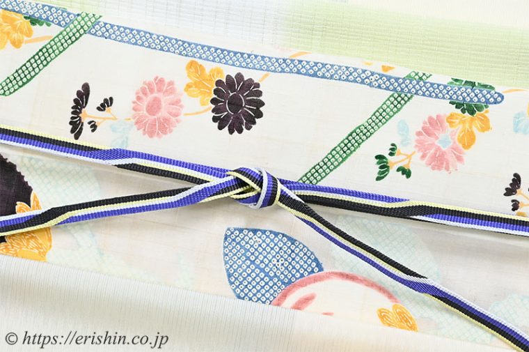 明石縮（市松崩し/象牙色）に染名古屋帯（立付菊橘垣に菊/生紬）