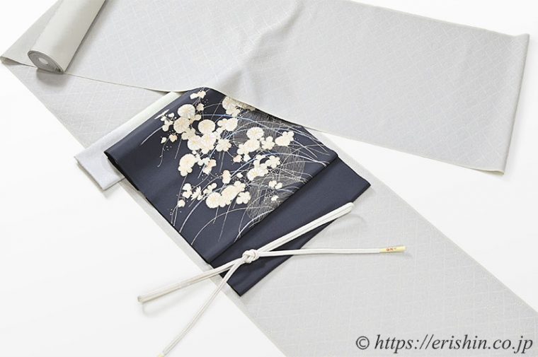 洗える絹の着物　丹後織御召（羊歯菱文/淡白藤色）に染名古屋帯（菊に網代垣波）