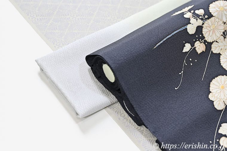 洗える絹の着物　丹後織御召（羊歯菱文/淡白藤色）に染名古屋帯（菊に網代垣波）