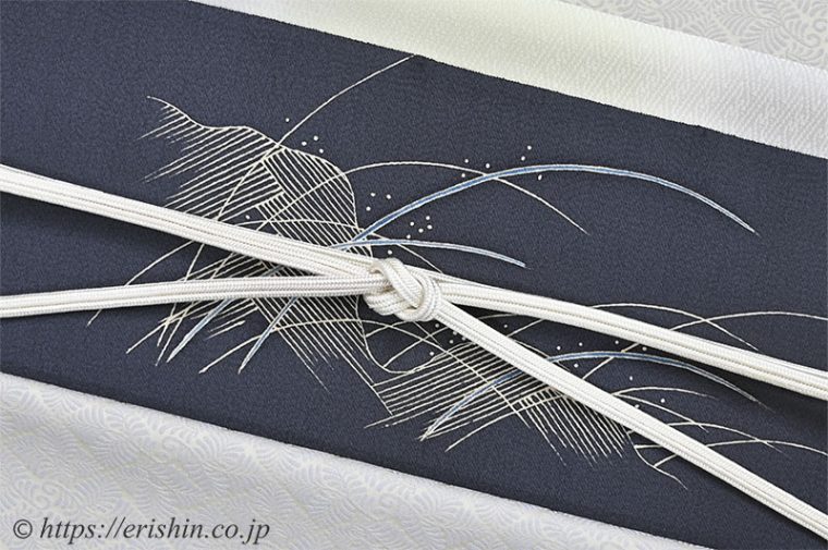 洗える絹の着物　丹後織御召（羊歯菱文/淡白藤色）に染名古屋帯（菊に網代垣波）