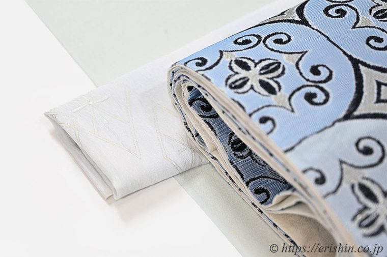 訪問着（しけ引き・熨斗目暈かし/白緑色）に誉田屋源兵衛　袋帯（佐賀竹錦/七宝唐草文）