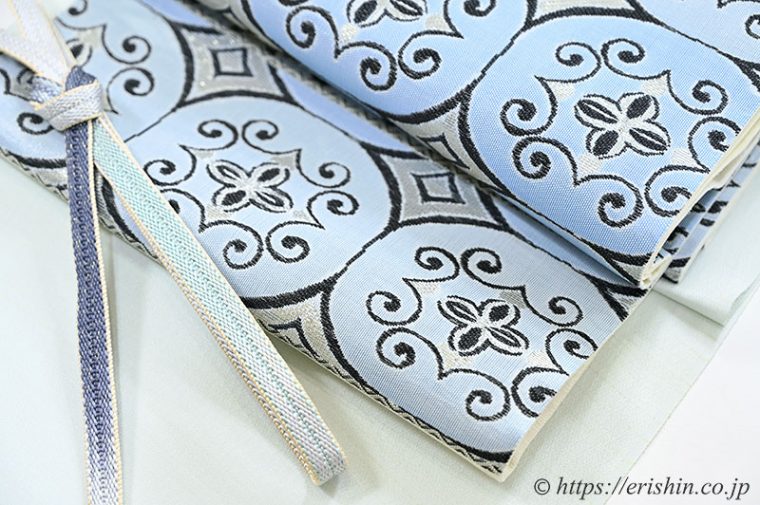 訪問着（しけ引き・熨斗目暈かし/白緑色）に誉田屋源兵衛　袋帯（佐賀竹錦/七宝唐草文）