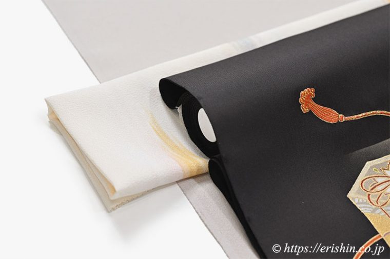 付下（菱散らし文/白茶色）にオリジナル染名古屋帯（金彩段霞に貝桶） 帯揚げ（たなびく霞/鳥の子色）