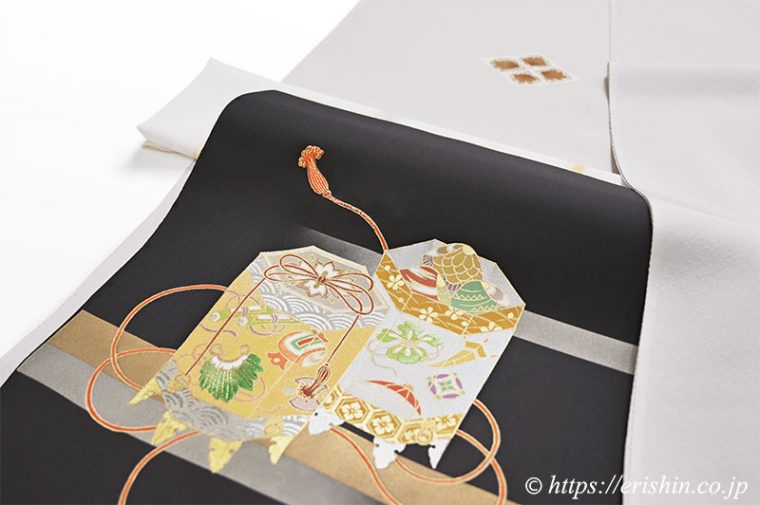 付下（菱散らし文/白茶色）にオリジナル染名古屋帯（金彩段霞に貝桶）