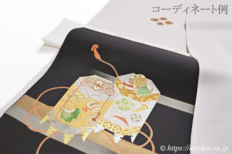 オリジナル染名古屋帯（金彩段霞に貝桶）　コーディネート