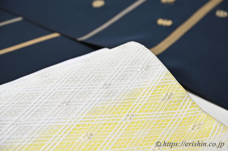付下訪問着（金彩横段に宝尽くし）えり新オリジナルに美術工芸啓の袋帯（截金菱文）