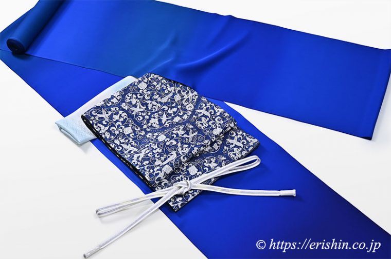 コーディネート「暈かし無地（蒼き海）に袋帯（亀甲更紗/滋賀喜織物）」