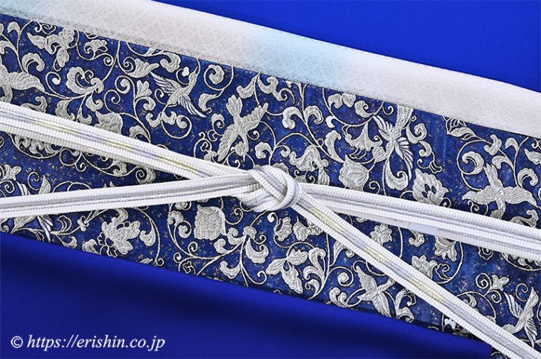 コーディネート「暈かし無地（蒼き海）に袋帯（亀甲更紗/滋賀喜織物）」