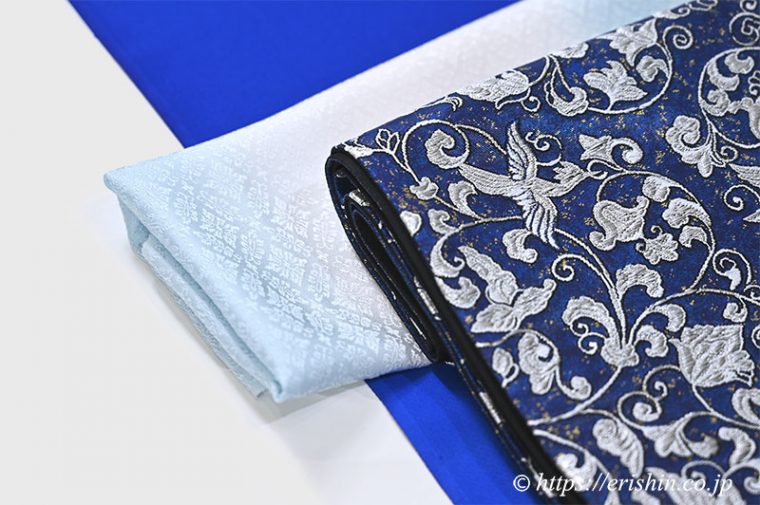 コーディネート「暈かし無地（蒼き海）に袋帯（亀甲更紗/滋賀喜織物）」