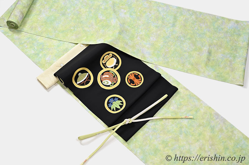 着物コーディネート「付下(辻ヶ花/籠絞り染め)に刺繍染名古屋帯(狂言の丸)」