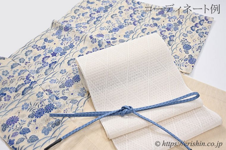 多ち花・夏付下（松秋草文/鳥の子色地に紫苑色や藍濃淡・波筬絽生紬地）