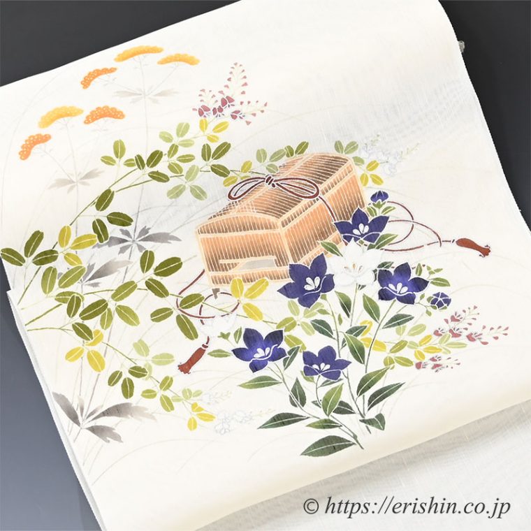 染名古屋帯（秋草に虫籠/紗紬）[夏・単衣向]