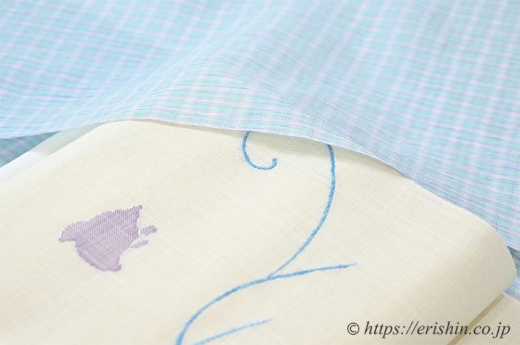 小千谷縮みに麻八寸名古屋帯（波千鳥）のコーディネート