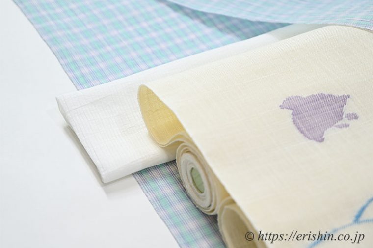 小千谷縮みに麻八寸名古屋帯（波千鳥）のコーディネート