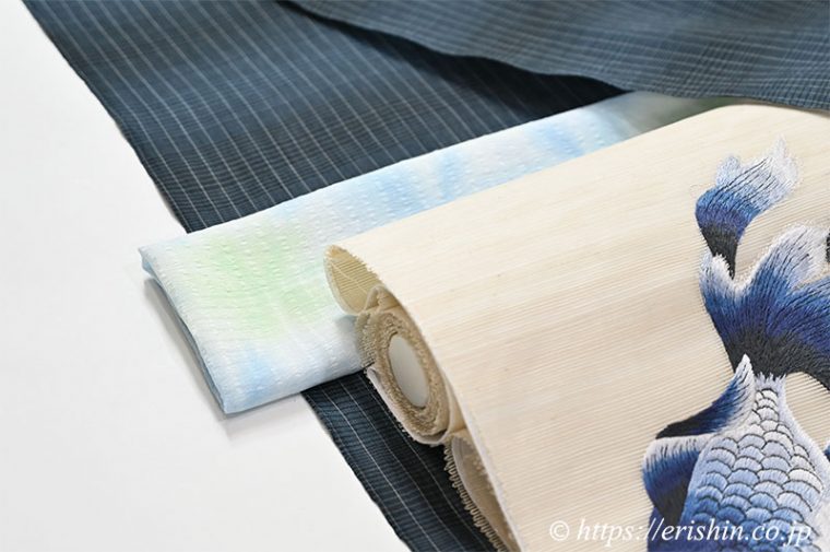 小千谷縮のコーディネート　小千谷縮と誉田屋源兵衛の金魚の刺繍の帯