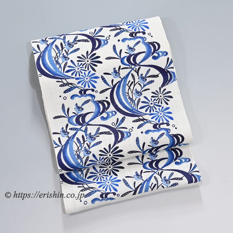 【夏帯】城間栄順　本紅型八寸染名古屋帯（藍染め/能登上布地）