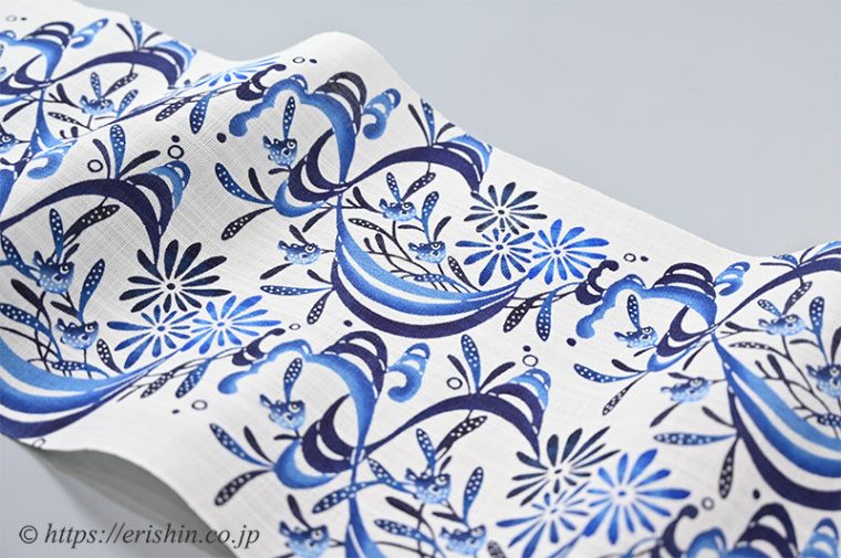 【夏帯】城間栄順　本紅型八寸染名古屋帯（藍染め/能登上布地）