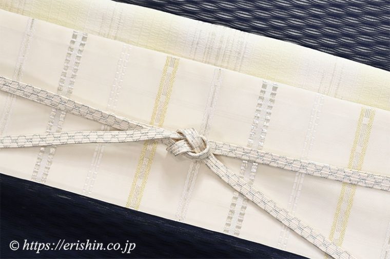 夏色無地（波筬文/濃紺）に美術工芸 啓の袋帯（夏熨斗目）