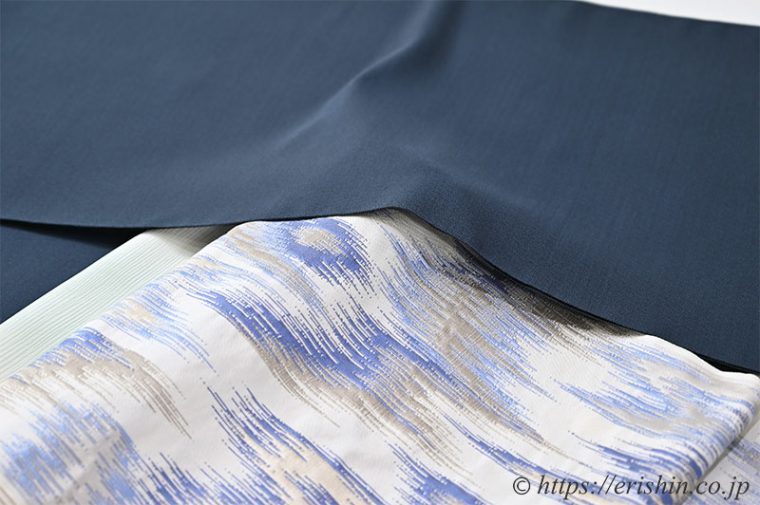 コーディネート「洛風林 名古屋帯（太子間道/白練色）と勝山さと子 菱薄無地（濃紺）」