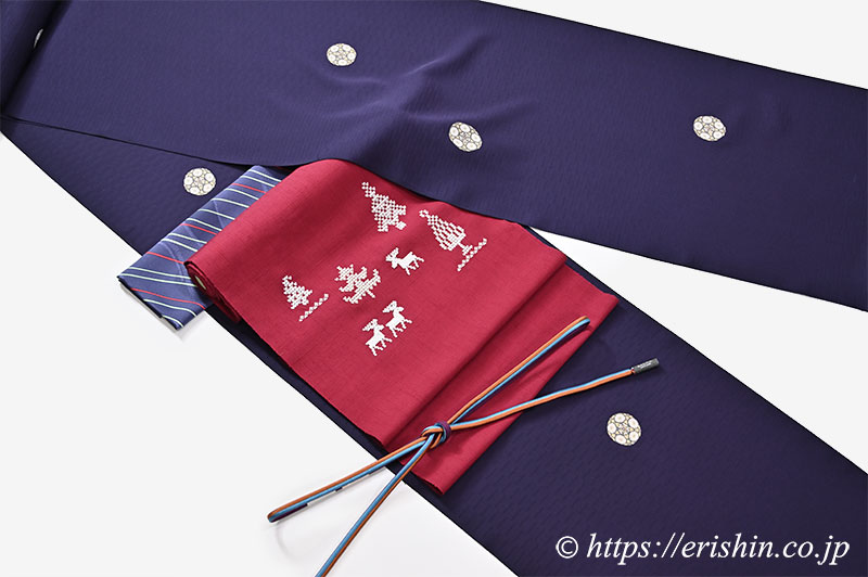 旬のお勧めコーディネート「小紋(丸取菊華文/深紫色)に手刺繍名古屋帯(はーとつりー/紬地)」