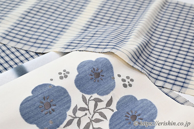 コーディネート「芝崎圭一作・藍絣木綿（格子）に九寸織名古屋帯（四方花文）夢訪庵」