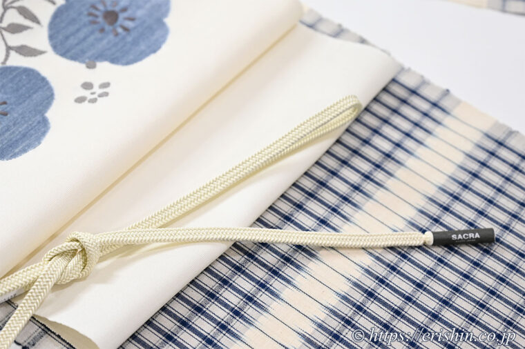 コーディネート「芝崎圭一作・藍絣木綿（格子）に九寸織名古屋帯（四方花文）夢訪庵」