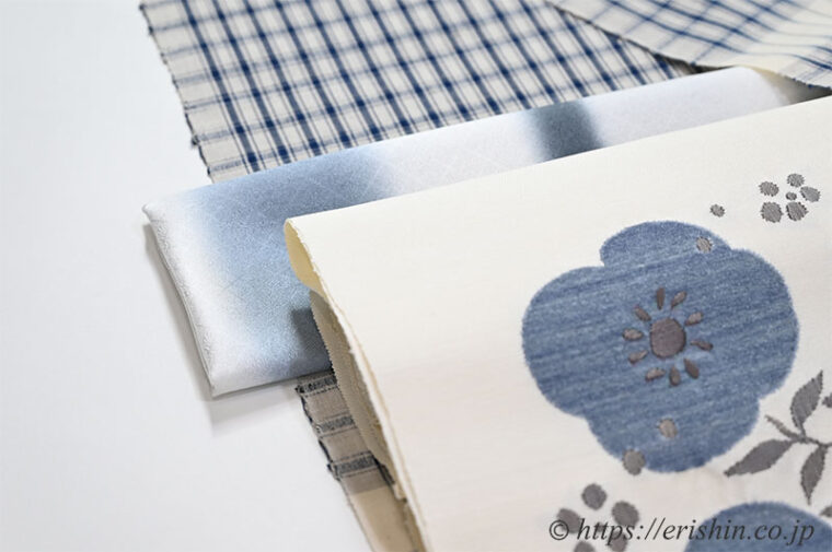 コーディネート「芝崎圭一作・藍絣木綿（格子）に九寸織名古屋帯（四方花文）夢訪庵」