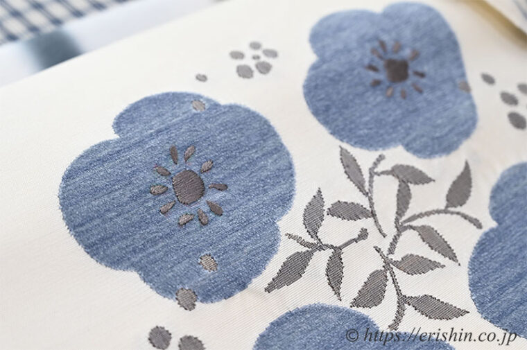 コーディネート「芝崎圭一作・藍絣木綿（格子）に九寸織名古屋帯（四方花文）夢訪庵」