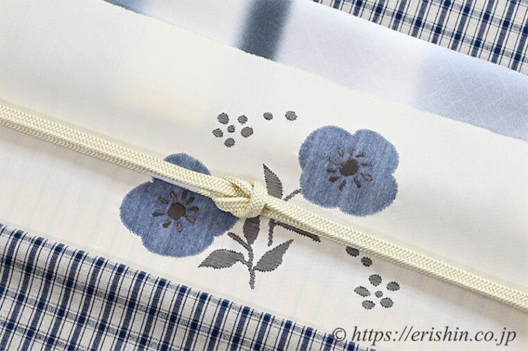 コーディネート「芝崎圭一作・藍絣木綿（格子）に九寸織名古屋帯（四方花文）夢訪庵」