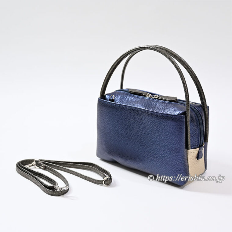 牛革シュリンクバッグPetit（ショルダーストラップ付き/イタリアンネイビー×シャンパンゴールド） 和小物さくら